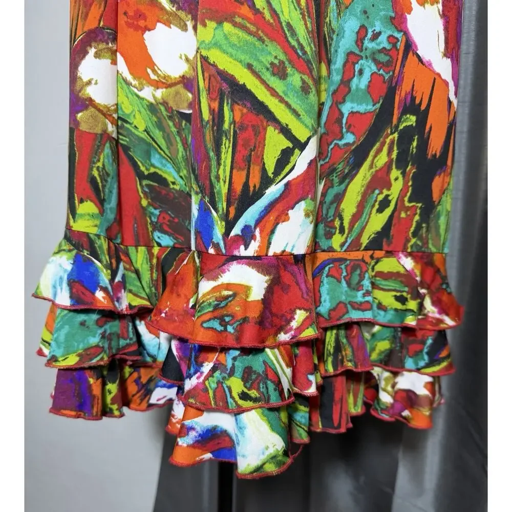 R&K Originals Women's Halter Mini Dress Medium Ruffle Hem Botanical Bold Print‎